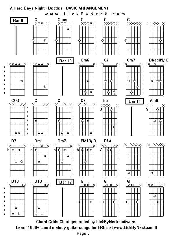 Chord Grids Chart of chord melody fingerstyle guitar song-A Hard Days Night - Beatles - BASIC ARRANGEMENT,generated by LickByNeck software.